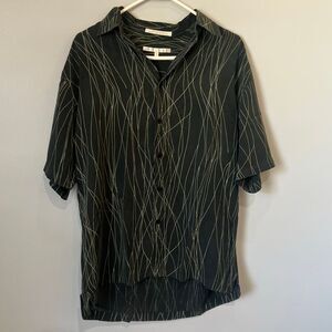 Perry Ellis Black Button Down Collared 100% Silk Top Medium #780